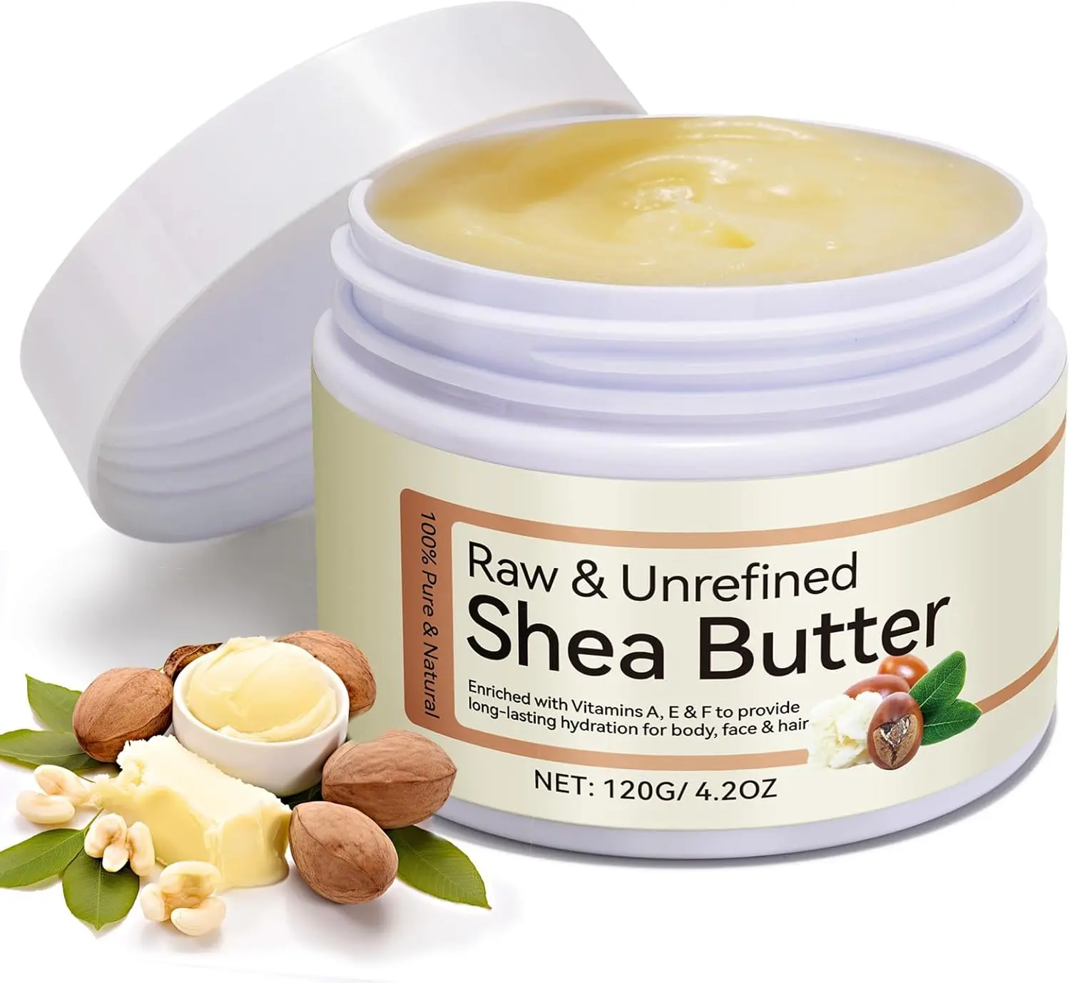 Raw Shea Butter, 4.2Oz Pure Natura Unrefined Raw Shea Butter Contains Vitamin A, E & F, Skin Moisturizer For Face, Body & Hair, Hydrating Dry Skin