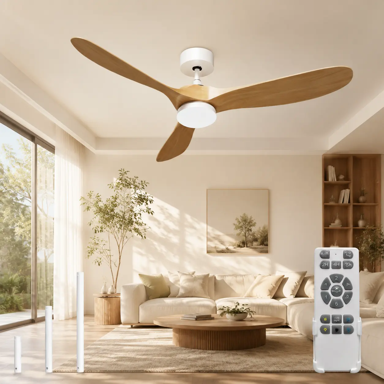 Intelligent LED Light Fan with 3 Solid Wood Blades, Ultra-Quiet Reversible Brushless DC Motor, APP Remote & Voice Control, Dimmable Led Lights for Bedroom, Living Room (Home Improvement Ventilation Fixture)