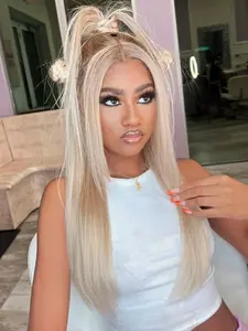 13X6 Free Part Brown Blonde Lace Front Wigs for Women Pre Plucked Hairline Ombre Blonde Hair 2 Tones Colored Wigs Glueless Long Straight Lace Wig Synthetic Heat Resistant Fiber Wig Soft Hair Wig for Daily Use Party Cosplay Use Lace Frontal Wig