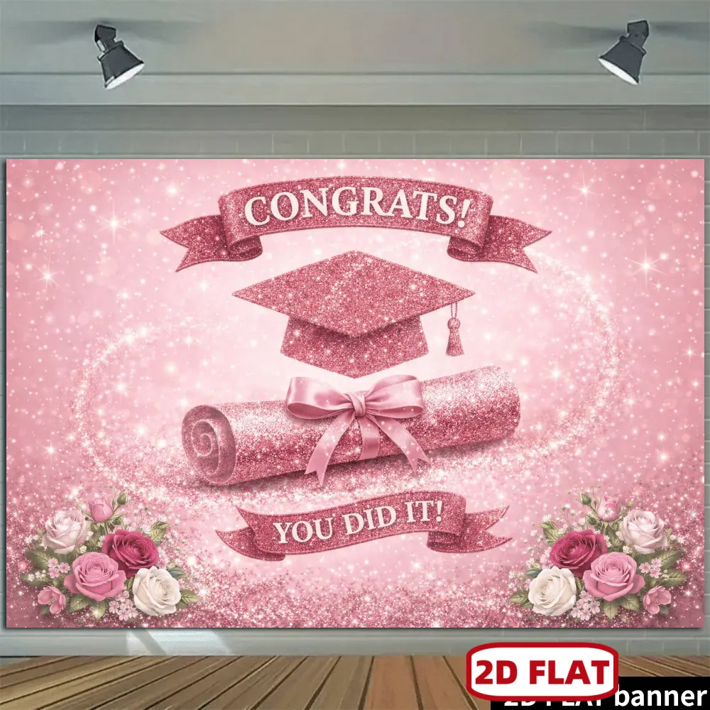 Durable Graduation Textile Ornaments Set - Pink Balloons, Golden Stars, Rose Bouquet, Bachelor Cap, Scroll, Banners for Home, Office Wall, Graduation Party Decor