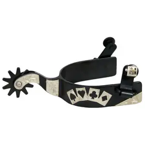 Showman men's size black steel silver show spur with silver 4 card design