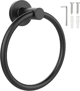 Wall Mounted Towel Ring Holder – Matte Black Stainless Steel Hand Towel Hanger for Bathroom, Kitchen & Sink Area