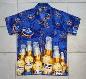 Corona Men's Large Shirt Blue Hawaiian All Over Print Beer Party Short Sleeve