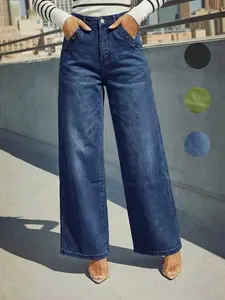 Women's Deep Blue Wide Leg Jeans Pants, Vintage Workwear Style, Pocket Button Decor, High Waist Loose Fit, Durable Denim Fabric, Bottom