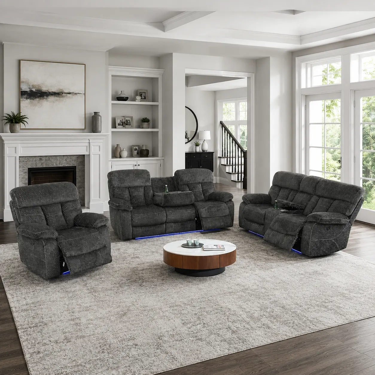 Power Reclining Sofa Set with LED Lights, USB Ports and Cup Holders, Grey Cashmere Fabric