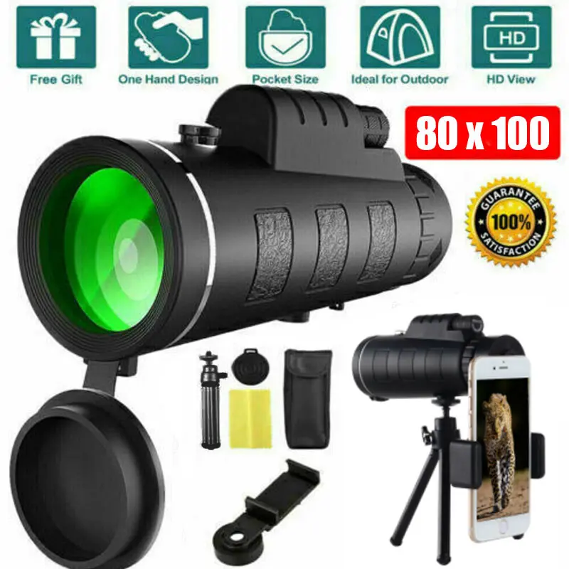 80x100 Binoculars with Tripod Cell Phone Adapter Monocular Telescope Aiming Shooting Hunting Bird Watching Black, BAK4 HD Waterproof Bird Watching Binoculars