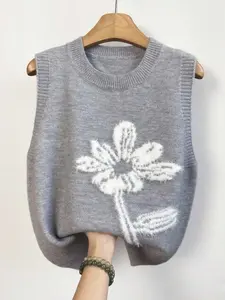 New Summer Autumn Women's Floral Pattern Knit Vest, Casual Sleeveless Vest, Elegant Round Neck Pullover, Casual Office Wear, Stylish Contrast Design