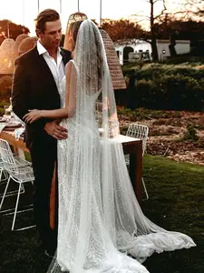 Pearls Wedding Veils with Comb Handmade Beaded  Brides Veil，Cheap Wedding Accessories, Elegant Headpiece for Brides, Simple & Chic, Trailing Veil