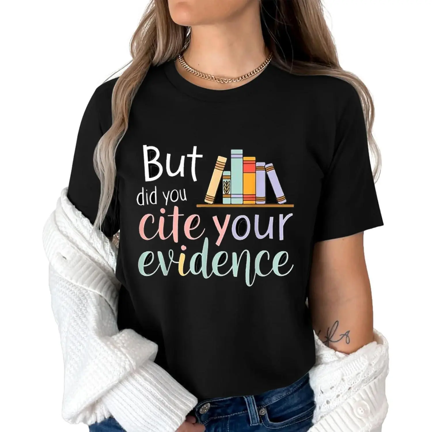 Women's Comfortable 100% Cotton Short-Sleeve Round Neck T-Shirt with "But Did You Cite Your Evidence" Letter Print, Machine-Washable Tropical Beach Fit Top for Teachers