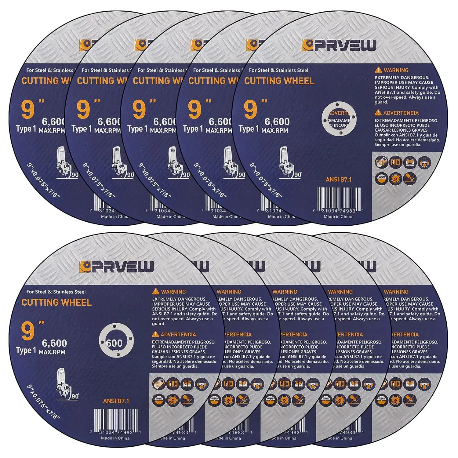 10-Pack Cut Off Wheels for All Angle Grinders, 9"x0.075"x7/8" Aluminum Oxide Grain Discs, Aggressive Cut for Metal & Stainless Steel, 6600 RPM Power Tool Accessories, Cut Off Wheel, 7/8 Inch Arbor