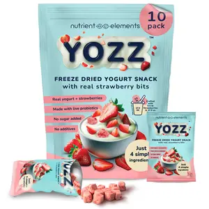 Yozz Probiotic Freeze Dried Yogurt Snack with Real Strawberries - No Sugar Added - 1 Billion CFU per Serving - 10 Individual Packs- For Adults, Babies, and Toddlers - Tastes Wow!