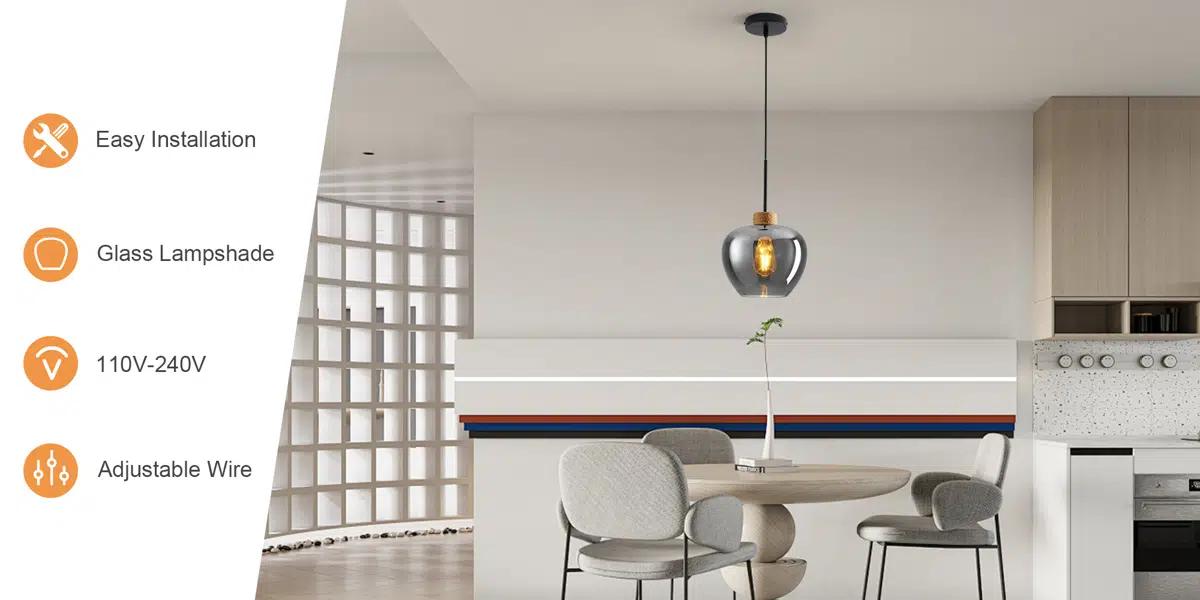 Garwarm 9.44 Inch Glass Lampshade Pendant Light, Vintage Hanging Lamp Ceiling Lighting Fixture, Adjustable Cord, Modern Chandelier for Dining Room, Foyer, Kitchen Island