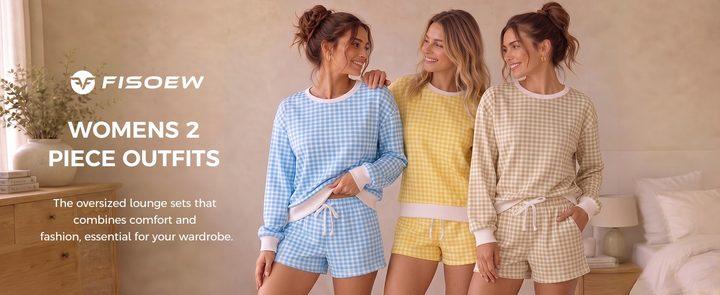 Fisoew Women's 2-Piece Gingham Plaid Loungewear Set - Crew Neck Ribbed Oversized Balloon Sleeve Sweatshirt & Adjustable Drawstring Aesthetic Beach Bottom Shorts, Nightwear