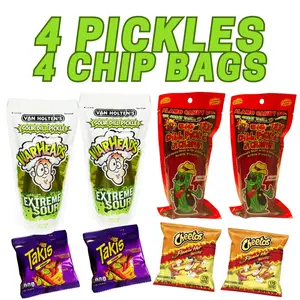 4 PICKLES 4 CHIP BAGS - Warehead pickle, Chamoy Pickle, Takis, Flamin Hot Cheetos Corn Instant