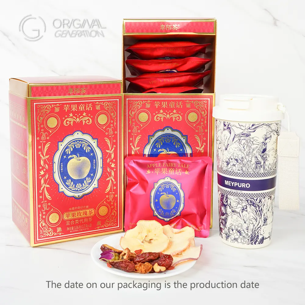 BOGO Apple Fairytale Tea 2 Cartons (1 Carton 136g 17g×8pcs)x2 Caffeine Free 1 Pack Make 100oz Tea With Apple Slices , Jujube, Hawthorn, Wolfberry, Rose, Longan With Forest Thermos