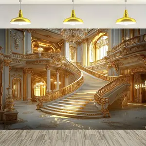 1pc 2D Flat Golden Luxurious Palace Backdrop European Hotel Interior Chandelier Shining Wedding without Electricity or Battery Needed Durable Polyester Very Suitable for Living Room, Bedroom, Dorm Deco