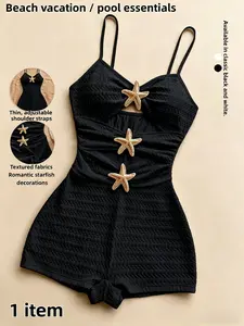 Women's Fitted Plain Jumpsuit, Holiday Style, Textured Solid Color Swimsuit, New Arrival, Metal Five-Point Design, China Made