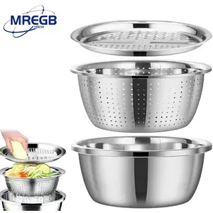 MREGB 3-in-1 Stainless Steel Kitchen Strainer Set Basin Sieve & Cutter Multi-Functional Food Washing Tool for Pasta Fruits Vegetables - Stackable, Utensils