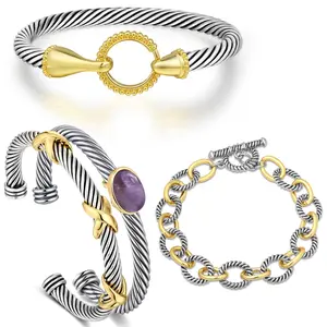 Aprilery Four-Piece Bracelet Set – Two-Tone Cable Cuffs with Round Clasp, Amethyst-Inspired Gemstone, Double-Knot Bangle, and Textured Chain Link Jewelry