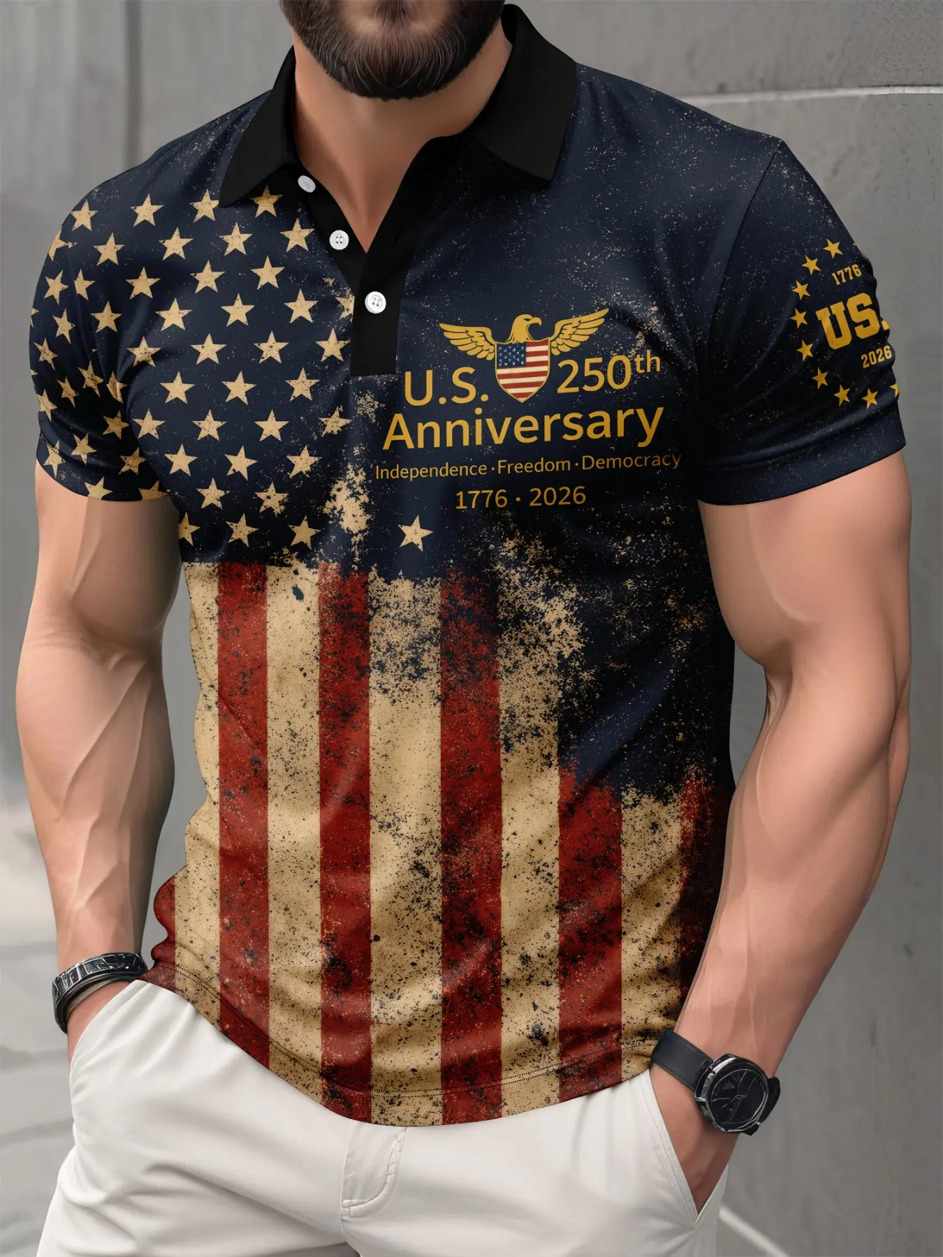 Men's Summer Retro American Flag Graphic Print Patriotic Polo Shirt Top, Casual Polo Shirts, Independence Day 250th Anniversary, Casual Short Sleeve, Breathable Lightweight
