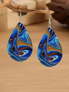 Boho Chic Water Drop Earrings, Blue Swirl Pattern, Minimalist Design, Perfect for Trendy, Must-Have Accessory, Statement Earrings