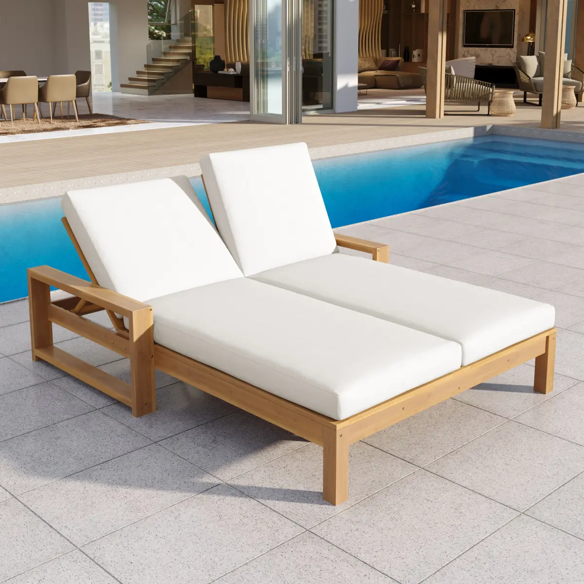 Outdoor Double Lounge Chair with 5-Position Adjustable Backrest for Each Seat, Wood Patio Chaise Lounge with Removable Cushions for Patio, Poolside, Garden (Light Teak+Beige cushion)