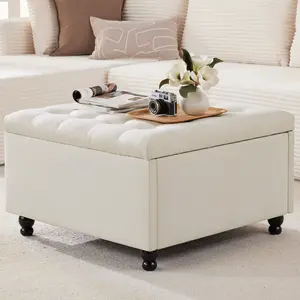 29.5 Inch Large Square Storage Ottoman Coffee Table, Oversized Square Ottoman with Storage, Tufted Upholstered Coffee Tables for Living Room