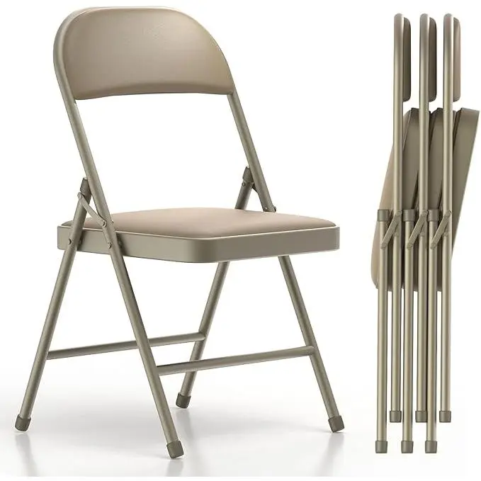 4 Pack Folding Chairs with Padded Cushion and Back Sturdy Metal Frame PU Leather Triangular Structure for Home Office Indoor Outdoor Events Kahki