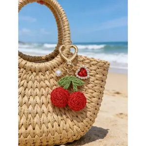 Raffia Braided Cherry Keychain, Rhinestone and Gemstone Decor, Bohemian Style, Bag Accessory, Car Decoration, Backpack Charm, Gift Ideas