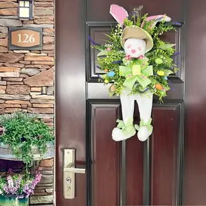 Easter Rabbit Wreath Ornament, 1 Count Cute Cartoon Rabbit Hanging Decoration, Festive Decorations for Home Living Room Bedroom, Artificial Flower Wreath