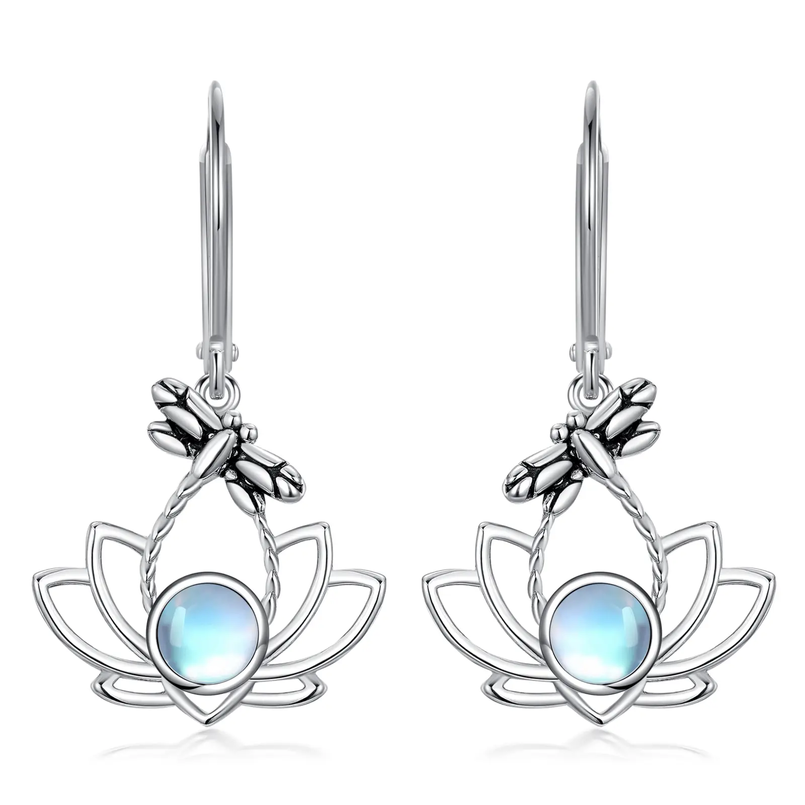 Lotus Earrings – 925 Sterling Silver Lotus Dragonfly Drop Earrings, Lotus Jewelry Gifts for Women