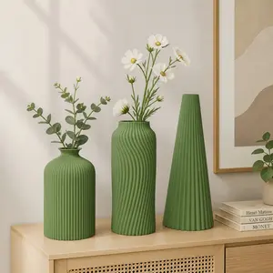 3Pcs Sage Green Vase Set, 3D Printed Ribbed Straight & Wavy Twisted & Tapered Design, Unbreakable Matte Dry Flower Holders for Living Room Home Decor, Housewarming Gift