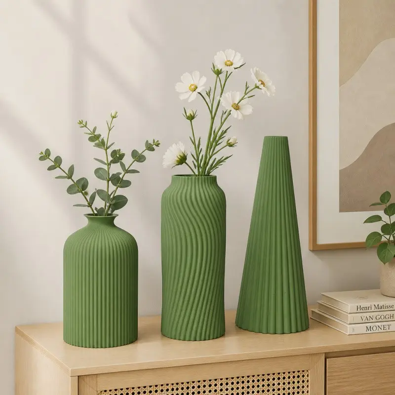 3Pcs Sage Green Vase Set, 3D Printed Ribbed Straight & Wavy Twisted & Tapered Design, Unbreakable Matte Dry Flower Holders, Flower Vases for Living Room Home Decor, Housewarming Gift, Decorative Vase Set