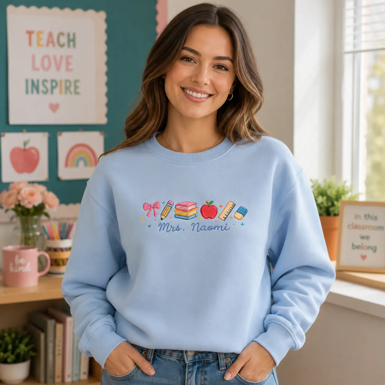 [MAKE IN US]Personalized Teacher Student Embroidered Sweatshirt, Custom Name School Supplies Crewneck, Back To School Gift