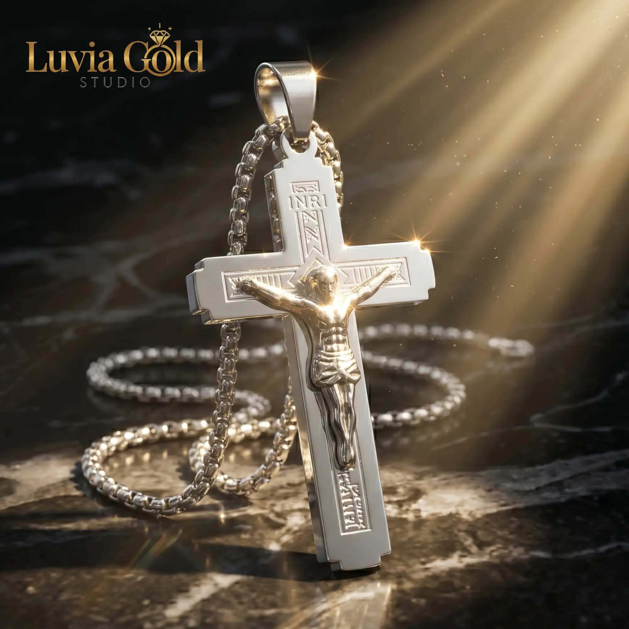 Heavy Duty Two-Layer Welded Stainless Steel Men's Crucifix Cross Necklace, High Polish 3D Jesus Pendant with 24" Venetian Box Chain, Catholic Christian Religious Jewelry Gift
