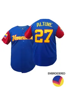 Venezuela 27" Men's Letter & Figure Patched Button Front Baseball Jersey, Sporty Jersey, Jersey Shirt, Loose Short Sleeve V-Neck Baseball Top for Fall & Winter, Baseball Christmas Gifts, Men's Sportswear for Training & Competition