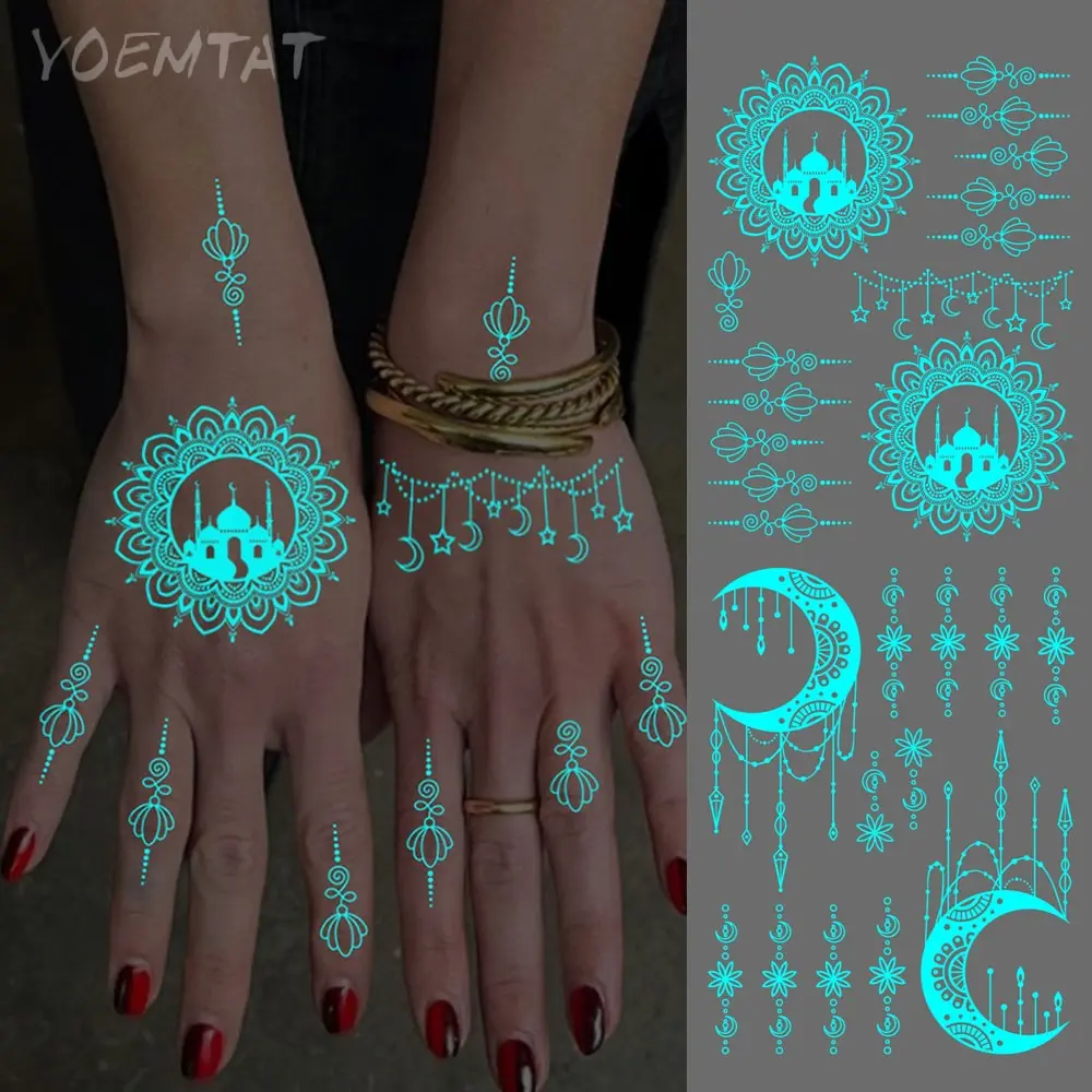 2 Pcs Moon Henna Blue Glow Waterproof Temporary Tattoo Stickers, Crown Pendant Mandala Flower Tribal Totem Flash Tattoos, Unisex Body Art Fake Tattoos, Ephemeral Tattoos