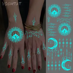 2 Pcs Moon Henna Blue Glow Waterproof Temporary Tattoo Stickers, Crown Pendant Mandala Flower Tribal Totem Flash Tattoos, Unisex Body Art Fake Tattoos