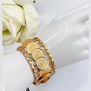 18k Rose Gold Plated Arabic Coin Link Bracelet, Middle Eastern Chain, Ethnic Arabic Coin Bracelet...