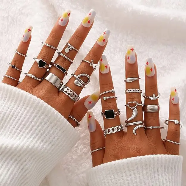 Vintage 27 Pack Silver Knuckle Rings Set for Women -  Stackable Finger Rings