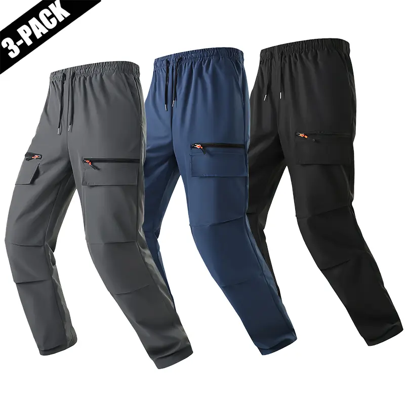 Set of 3 men’s cargo pants, wear-resistant hiking cargo long pants, available in multiple colors, outdoor multi-pocket military-style tactical pants, men’s zippered long pants Menswear Trouser