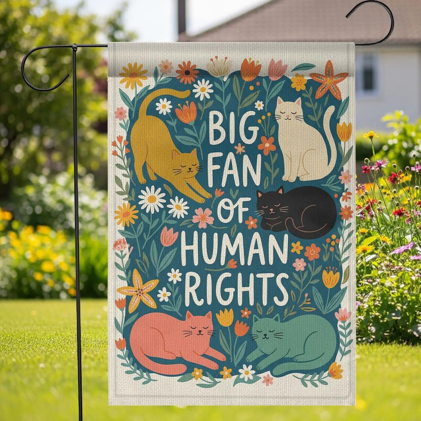 Big Fan of Human Rights Cat Garden Flag Retro Floral Yard Sign, Social Justice Gift, retro garden flag, human rights flag, cat lover gift