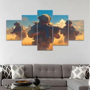 Game Soldiers' Gallant Posture in Battlefield Pattern Unframed Painting, 5 Counts Canvas Wall Art Poster, Wall Art Decor for Home Living Room Bedroom Office