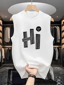 Men's Cartoon Letter Print Round Neck Tank Top, Loose Casual Fashion Comfy Sleeveless Vest for Daily Wear, Men's Clothes for All Seasons, Socks