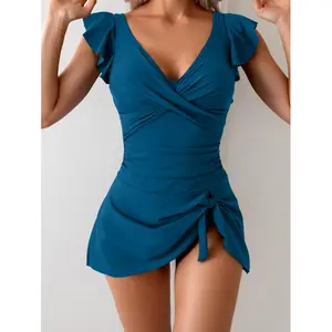 European Style 2026 New V-Neck Ruffle Skirted Bathing Suit, Sexy Slim Tummy Control Solid Color Swimwear, Bathing Suits Tummy Control for Beach & Pool Moms shoulder swimsuit