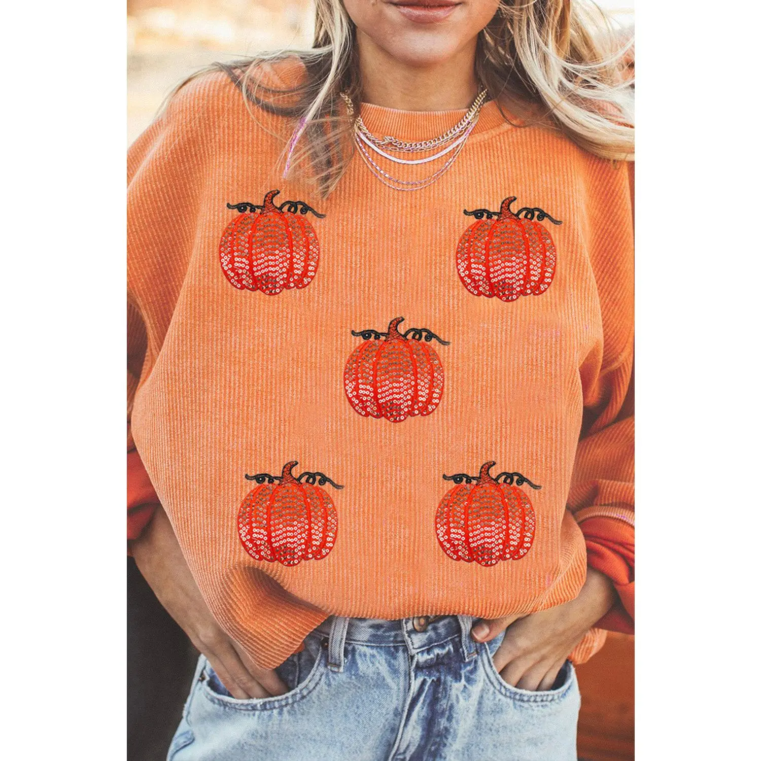 Orange Sequin Pumpkin Patched Twisted Rib Baggy Sweatshirt