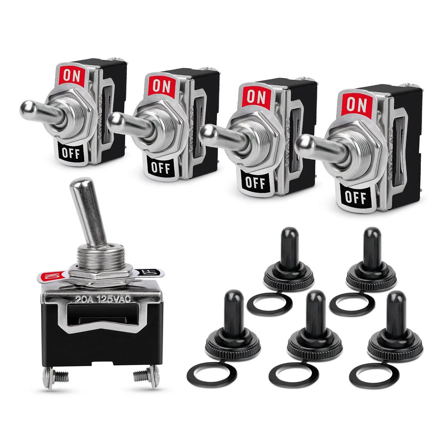 Nilight 90012E Heavy Duty SPST Power Toggle Switches - 5-Pack Metal & Plastic On/Off Controls, 15A 250VAC/20A 125V, Waterproof Cap, Marine Panel Fit, High Cycle Life, Machine Screw Compatible, Spare-Included (Critical Lights Ready)