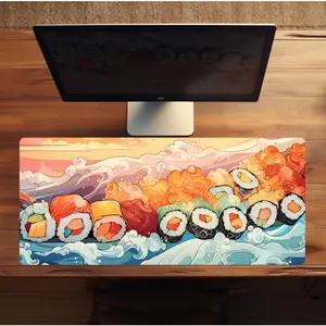 SUSHIRAMA DESKMAT - sushi ocean mousepad for pc gaming & home office desk setup - orange & blue rubber deskpad gift idea for gamers