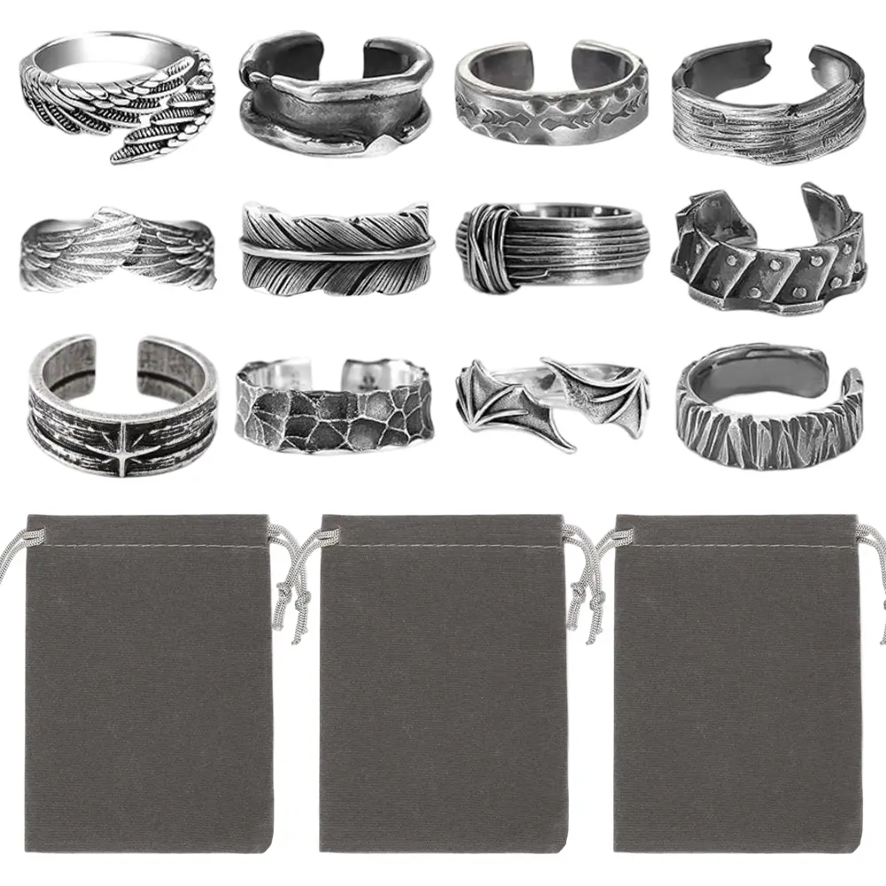 12Pcs Vintage Rings for Men Cool Adjustable Angel Wings Ring Goth Punk Open Ring Set