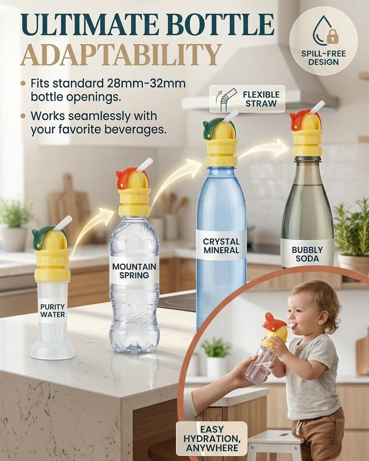 2 Pack Kids Water Bottle Spout Conversion Cap with Straw,Universal Fit for Juice,Water Bottles,Spill-Proof Flip Top Cover for Toddlers,Children